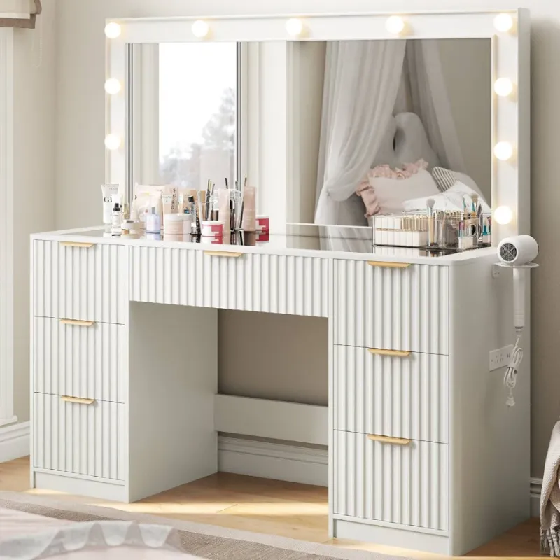 Photo 1 of AMERLIFE 47.2" Fluted Vanity Desk with Large Mirror and Adjustable LED Lights, 7 Drawers Makeup Table with Glass Top and Charging Station for Women and Girls, Bedroom or Dorm, White