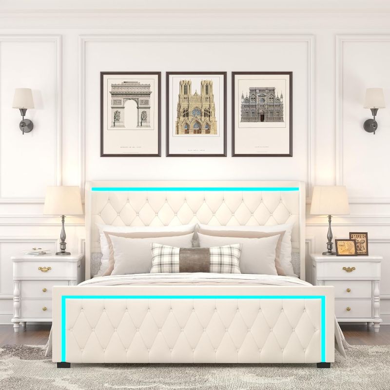 Photo 1 of BOX 2/2 ONLY--PARTIAL SET --SEE STOCK PHOTO FOR REFERENCE ---King Platform Bed Frame with High headboard, Velvet Upholstered Bed with Deep Tufted Buttons,Adjustable Colorful LED Light Decorative Headboard and Pedals Wide Wingbacks Noiseless (White)