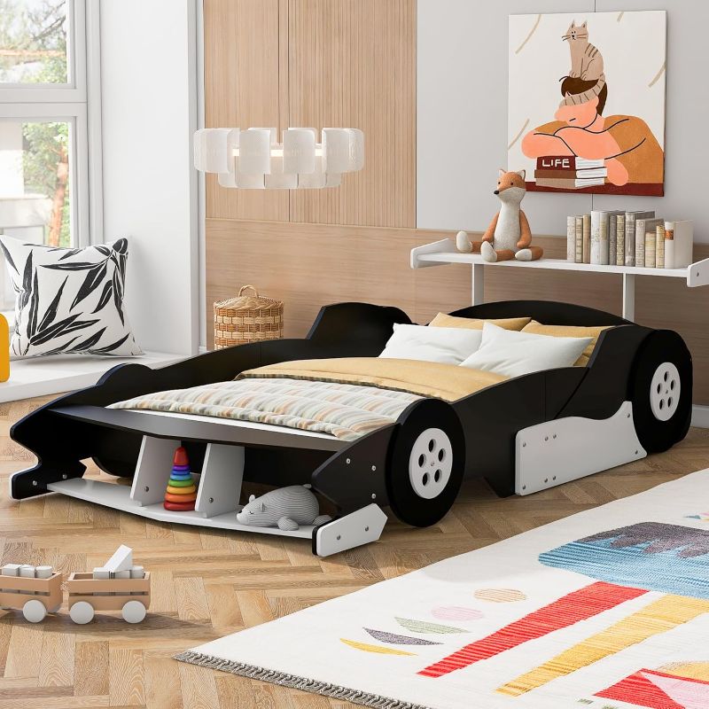 Photo 1 of Harper & Bright Designs Full Size Race Car Bed with Wheels, Wood Full Size Bed for Kids, Car-Shaped Platform Full Bed with Storage Shelves for Kids,Teens, Boys Girls (Black)