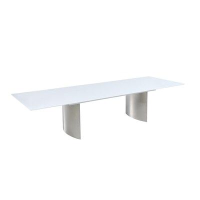 Photo 1 of White Contemporary/Modern Extending Self-storing Leaf Dining Table, Wood with Brushed Stainless Steel Metal Base