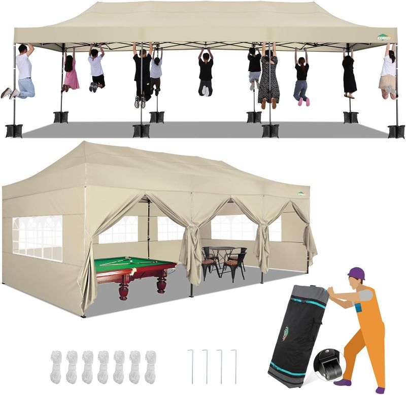 Photo 1 of COBIZI 10x30 Pop up Canopy with 8 Removeable Sidewalls, Heavy Duty Party Tents for Parties, Events and Weddings, UPF 50+ Waterproof Commercial Tent with Roller Bag, Khaki (Windproof Upgraded)
