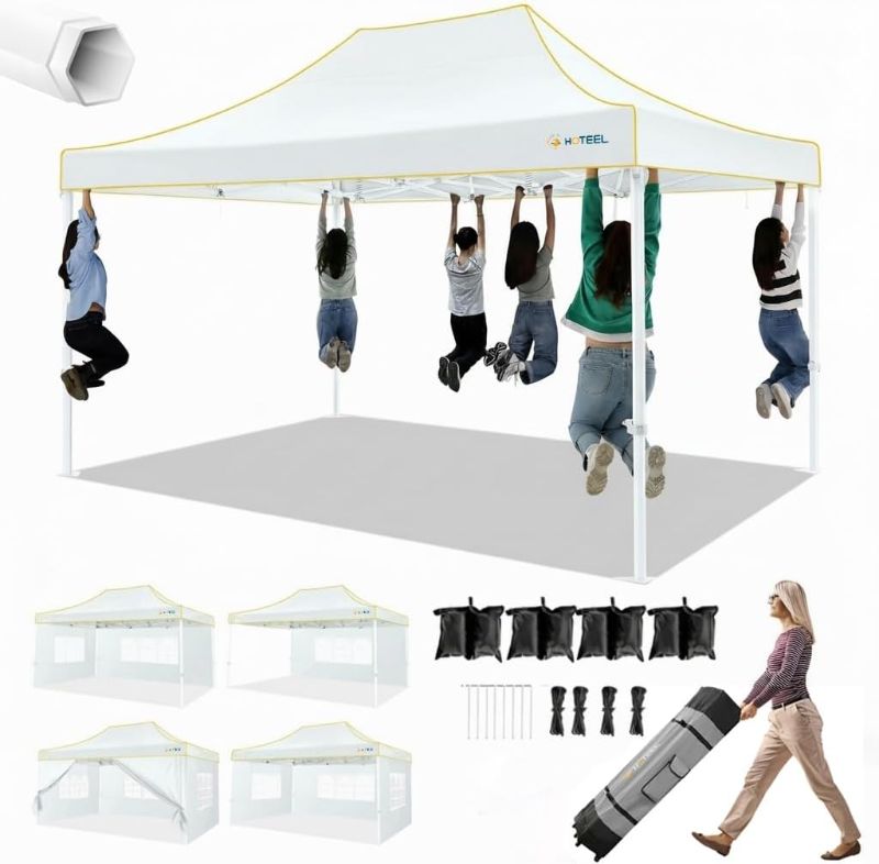 Photo 1 of HOTEEL 10x15 Pop up Canopy Tent for Parties, Heavy Duty Easy Setup Tent with 4 Sidewalls, Outdoor Commercial Instant Gazebo for Wedding Event, with Roller Bag & Sand Bags, White(Hexagonal Frame)