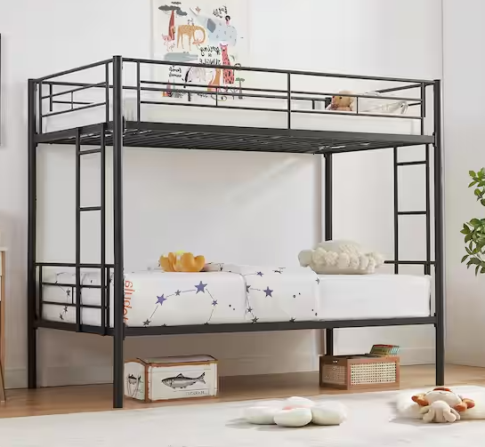 Photo 1 of Bunk Bed Metal Twin Over Twin, Industrial Bunkbeds with Ladder and Full-Length Guardrail, Black - Platform Bed Frame