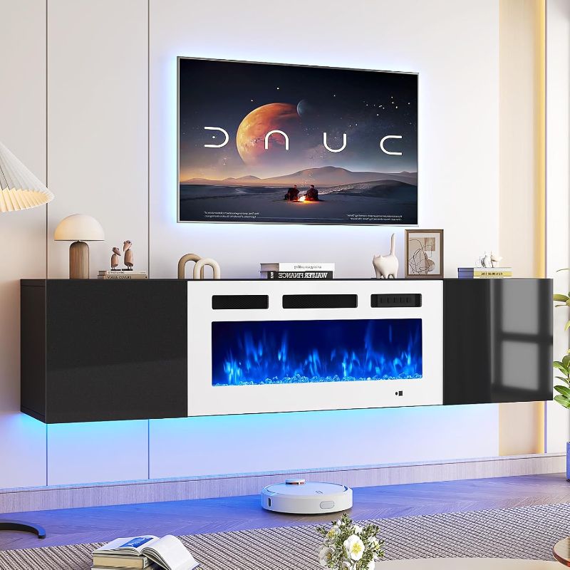 Photo 1 of oneinmil Floating TV Stand with 36" Electric Fireplace, Wall Mounted Fireplace Entertainment Center with Storage, 70" TV Console with Fireplace, Floating TV Cabinet, Black+White
