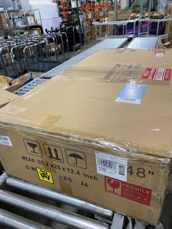 Photo 1 of EQLOO 48 in. W x 22 in. D Vanity Top, Engineered Stone Vanity Top with Sink in Venice White, Rectangular Center Sink Top, 8 in. Faucet Hole Spacing and Backsplash Bathroom Sink Top