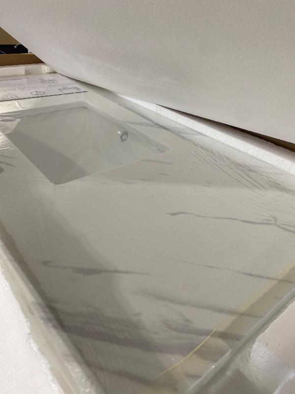 Photo 1 of EQLOO 48 in. W x 22 in. D Vanity Top, Engineered Stone Vanity Top with Sink in Venice White, Rectangular Center Sink Top, 8 in. Faucet Hole Spacing and Backsplash Bathroom Sink Top