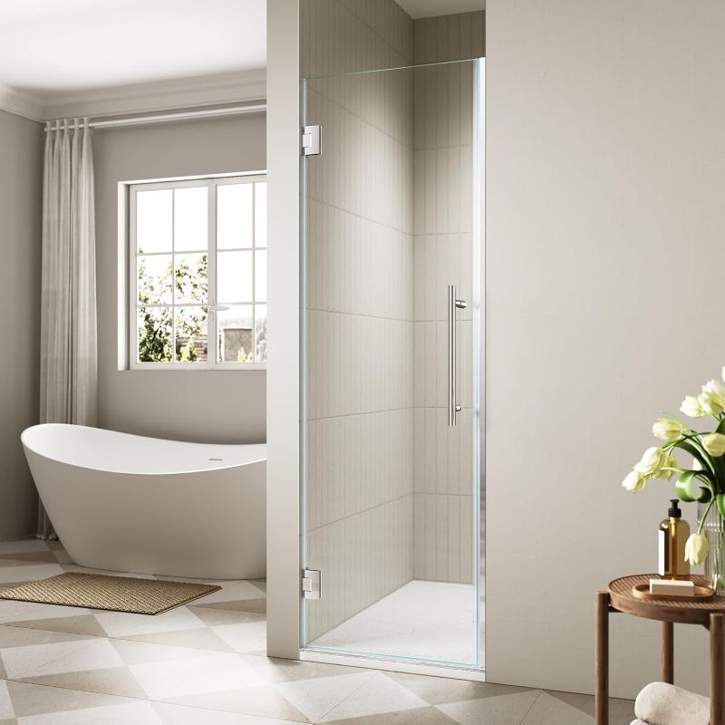 Photo 1 of 29.6-29.8" x 72" Frameless Hinged Shower Door, Single Swing Shower Panel with 5/16” (8mm) Tempered Glass, 180° in & Out Opening, 10mm Adjustable for Non-Vertical Walls (Chrome, 29.8" x 72")
