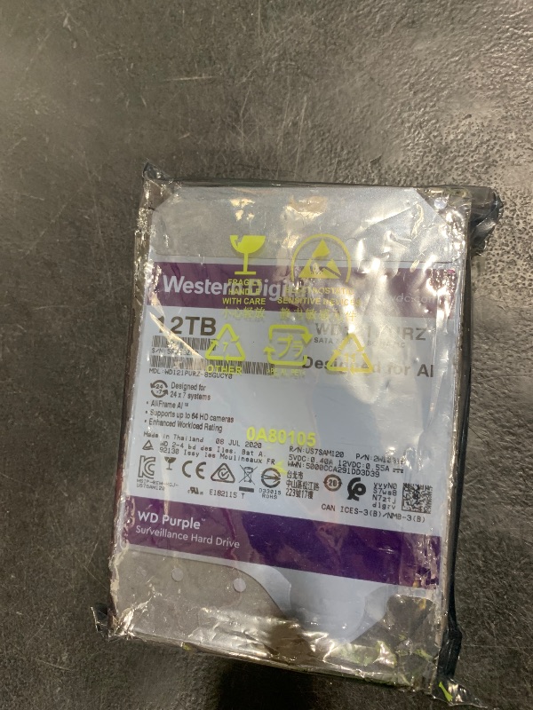 Photo 1 of Western Digital 12TB WD Purple Surveillance Internal Hard Drive HDD - SATA 6 Gb/s, 256 MB Cache, 3.5" - WD121PURZ