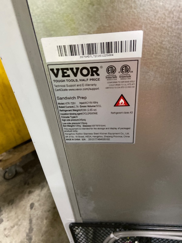 Photo 1 of VEVOR 72" Commercial Refrigerator Sandwich & Salad Prep Table