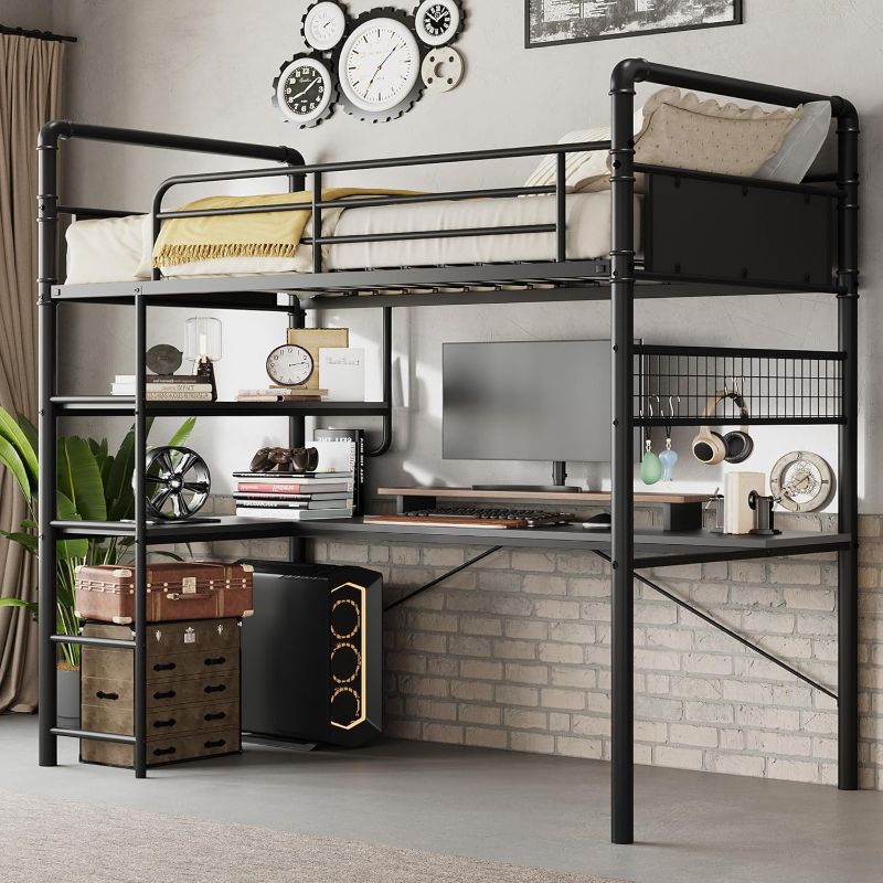 Photo 1 of Garvee Loft Bunk Bed with L-Shaped Desk- Twin Loft Bed with Under-Desk Workspace- Metal Bunk Bed with Ladder and High Guardrail for Teens- Adults- Easy Assembly- Black