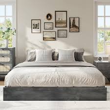 Photo 1 of Garvee Full Size Wood Platform Bed Frame Solid Wood No Headboard Floor Standing Sturdy Slat Support No Box Spring Needed Charcoal Grey