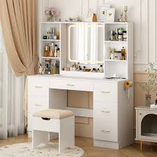 Photo 1 of 47" Large Vanity Desk with LED Lighted Mirror & Power Outlet & 7 Drawers, Makeup Vanity Table Set with Storage Stool and Hair Dryer Rack, White