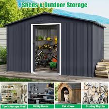 Photo 1 of Garvee 10X10 Ft Outdoor Metal Storage Shed with Roof Weatherproof Steel Tool Shed with Lockable Door for Lawn Mower Bike and Garden Equipment Storage
