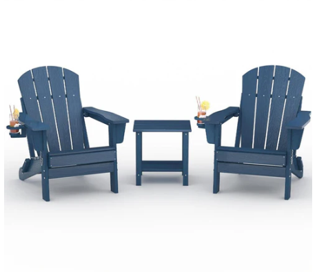 Photo 1 of  ***UNKNOWN IF COMPLETE SET*** Garvee Navy Blue HDPE Adirondack Chair Set, Foldable Wood-Grain Patio Chairs with Side Table, Navy Blue
