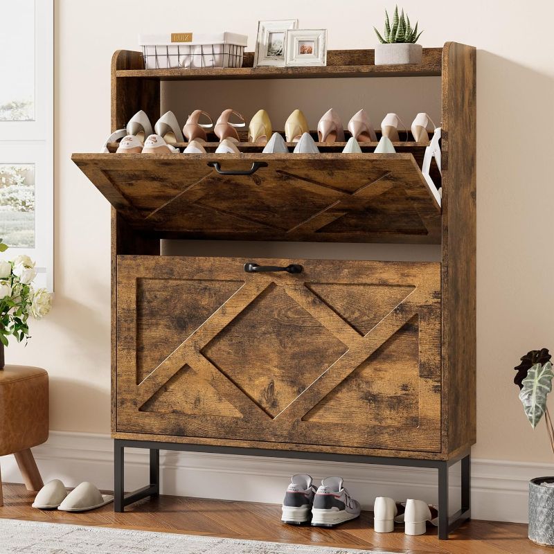 Photo 1 of ***FACTORY SEALED - OPENED FOR INSPECTION***   ***STOCK PHOTO FOR REFERENCE ONLY***   Nicetree Shoe Cabinet Organizer with 2 Flip Drawers, Freestanding Narrow Rack with Metal Legs, Farmhouse Slim Shoe Storage for Entryway, Foyer, Hallway, Rustic Brown