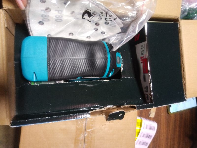 Photo 1 of 1.9Amp Cordless Detail Sander Compatible with Makita 18v Battery, Dust Collector, Brushless 12,000 OPM Speed, Compact Soft Palm Grip, 10pcs Sanding Pads, 2.0Ah Charger & Battery Kit (Blue)