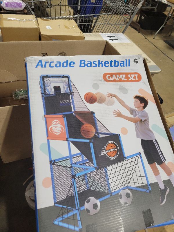 Photo 1 of 2 in 1 Basketball Arcade Game & Soccer Goal for Kids, Adjustable Kid Basketball Hoop with 6 Balls and Pump, Indoor Outdoor Games for Kid Toys for 3-12 Year Old Kids Birthday Gifts for Boys Girls