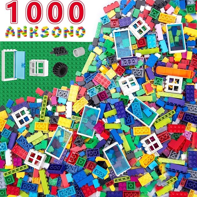 Photo 1 of 1000 Pieces Building Bricks, Classic Building Bulk Blocks for Kids with 12pcs Wheels Accessories, Windows, Doors, 2 Packs Studs Sticky Plate, Compatible with All Major Brands, Gfits for Kids