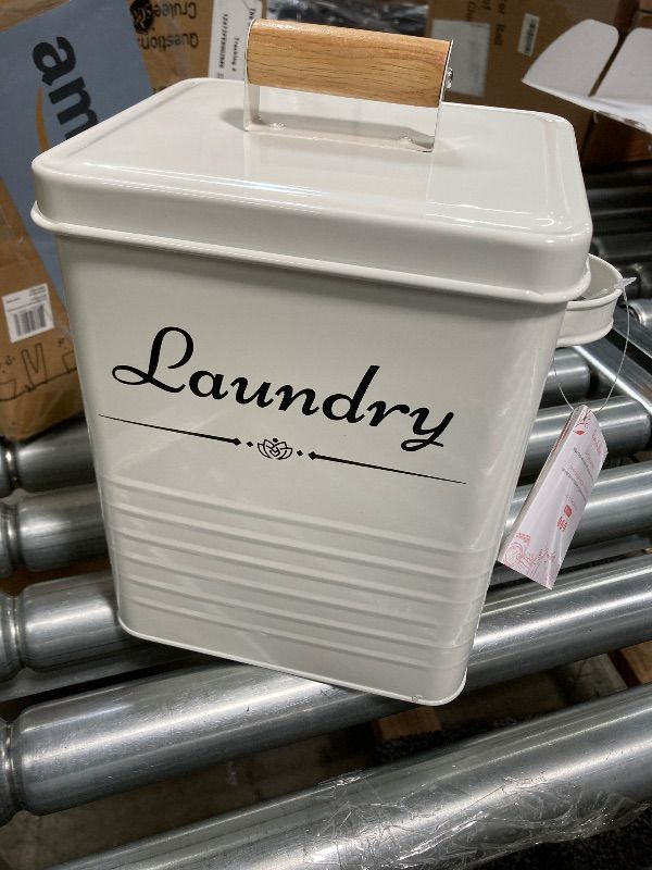 Photo 1 of ***MISSING ONE -SELLING AS INCOMPLEETE*** Cruleen Farmhouse Metal Laundry Pods Container with Dryer Sheet Holder for Organization and Storage, Laundry Room Decor - Holds 156 Pods and 300 Sheets (White)
