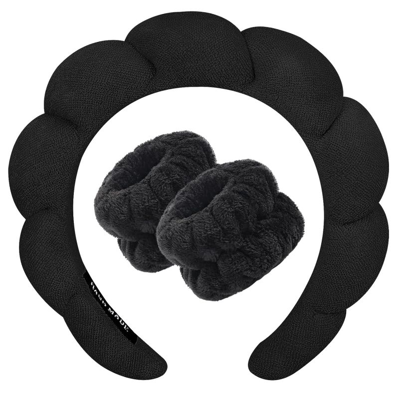 Photo 1 of **MISSING WRISTBANDS**Zkptops Spa Headband for Washing Face Wristband Sponge Makeup Skincare Headband Terry Cloth Bubble Soft Get Ready Hairband for Women Girl Puffy Padded Headwear Non Slip Thick Hair Accessory(Black)