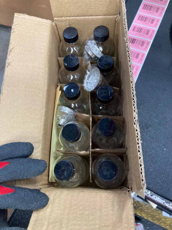Photo 1 of 10 Pack, 4 oz Small Clear Glass Bottles w/Lids & 3 Stainless Steel Funnel - 120ml Boston Round Sample Bottle for Potion, Juice, Ginger Shot, Wellness, Oils, Whiskey, Liquids - Leakproof Travel Bottle