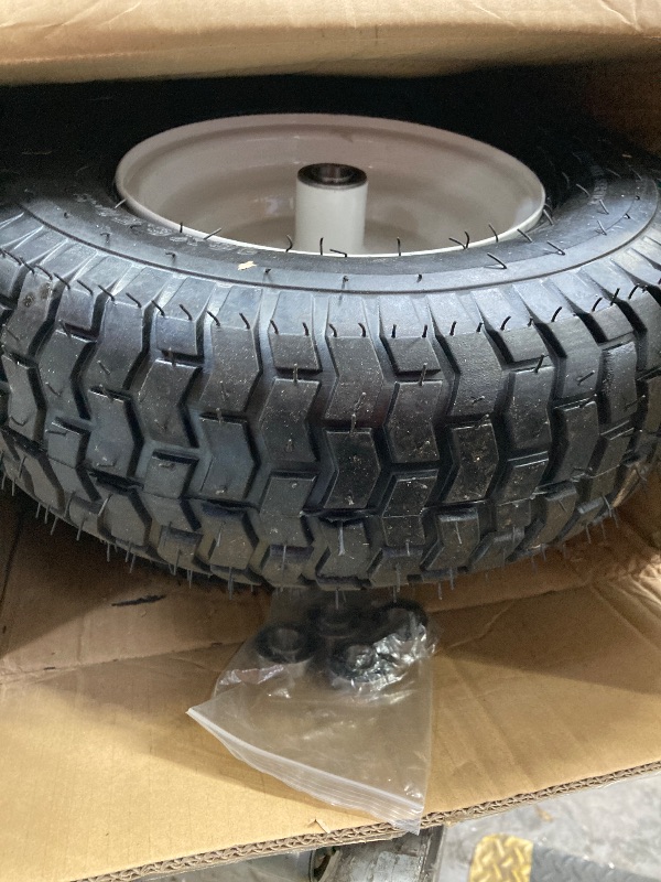 Photo 1 of (2-Pack) 16x6.50-8 Tubeless Tires on Rim - Universal Lawn Mower and Garden Tractor Trailer Wheels - With Chevron Turf Treads - 3" Offset Hub, 3/4" and 5/8" Bearings - 4 Ply with 615 lbs Load Capacity