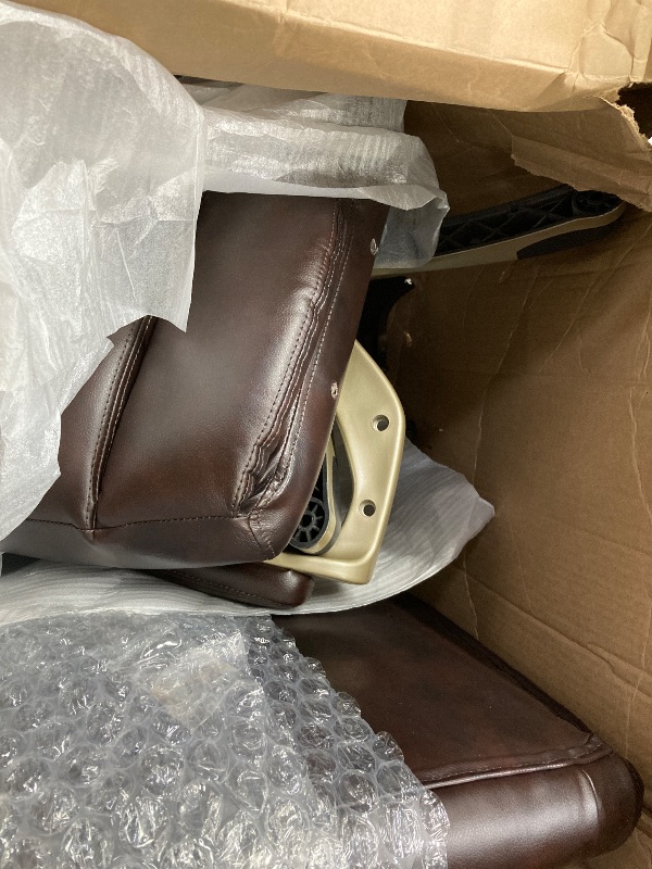 Photo 1 of ***MISSING HARDWARE & SCREW COVERS***Amazon Basics Executive High Back Office Chair, Adjustable Height, Tilt, Swivel, Padded Armrests, Brown/Gold***MISSING HARDWARE & SCREW COVERS***