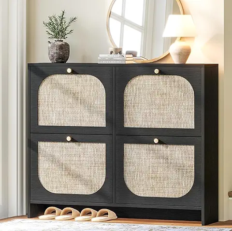 Photo 1 of ***Broken pieces, missing assembly hardware, no directions.***Nicetree Shoe Cabinet Storage for Entryway, Narrow Shoe Organizers with 4 Flip Drawers, Freestanding Large Shoe Rack with 3-Tier Adjustable Shelves for Hallway Entryway Foyer Black***Broken pie