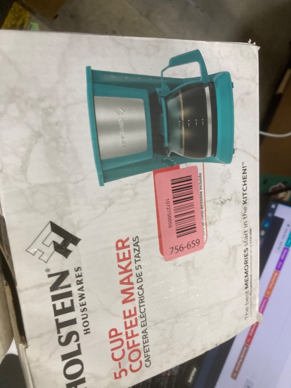 Photo 1 of ***POT IS MISSING***Holstein Housewares 5 Cup Drip Coffee Maker – Compact and User-Friendly with Auto Pause & Serve, Reusable Filter, Measuring Spoon & Glass Carafe, Office & Dorm Use, Teal***POT IS MISSING**