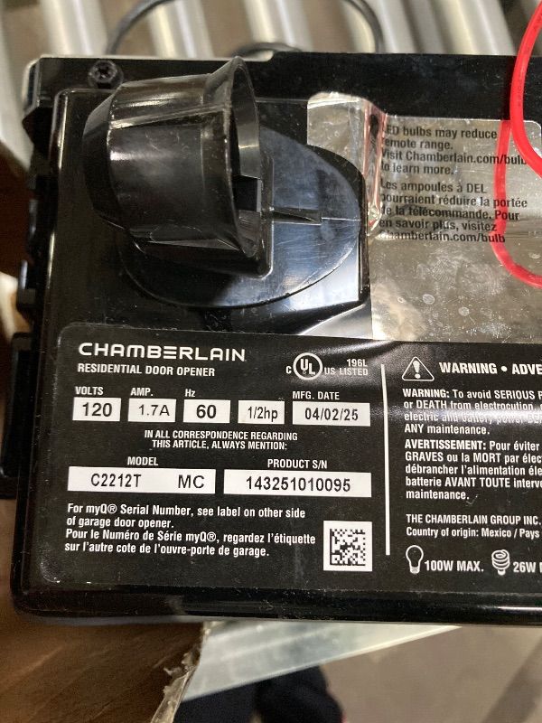 Photo 1 of ***USED, MISSING PIECE SELLING AS PARTS ONLY*** Chamberlain C2212T Smart Wi-Fi Garage Door Opener, 1/2-HP Chain Drive Motor - Quantity 1
