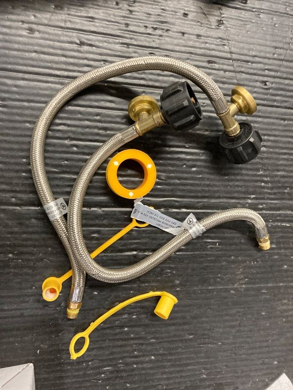 Photo 1 of **BENT**15 Inch RV Propane Hose Replacement with Gauge, 2 Pack - Stainless Steel Braided Hose for RV Two-Stage Regulator - 1/4" Male NPT & QCC1 Inlet, 350PSI