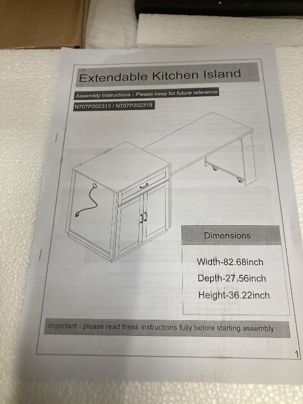 Photo 1 of *Box 1/2 ONLY* Trygoal 82.7"-56" Kitchen Island with Extendable Dining Table, Faux Mable Kitchen Cart with Power Outlet, Double-Sized Storage, Rolling Kitchen Table with Storage 2 Drawers 2 Side Open Shelves, Black