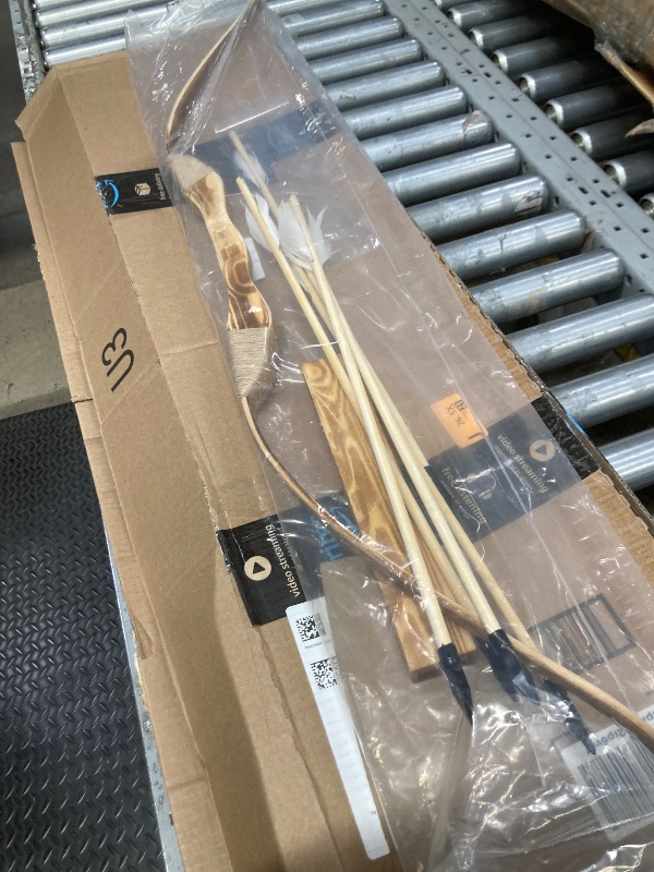 Photo 1 of *Minor damage to arrow(s)* Basbon Wooden Bow and Arrow Set, 40 Inch Handmade Wooden Bow and Arrow Cosplay Costume Prop Archery Set Games Toys, 1 Bows 1 Quivers and 5 Feather Arrows, Gifts for Kids Youth Boys and Girls
