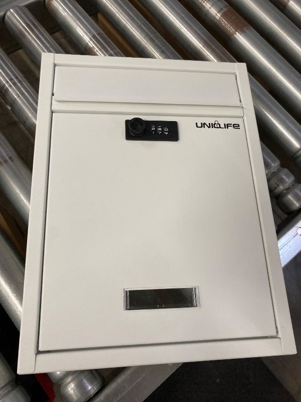 Photo 1 of **NO INSTRUCTIONS-NO CODE TO LOCK**Uniclife Wall Mount Mailbox for Outside, Large Locking Mailbox with Combination Lock, Security Mail Box for House, Safe Key Drop Box, Post Box, Steel Cash Drop Box for Home Office School, White