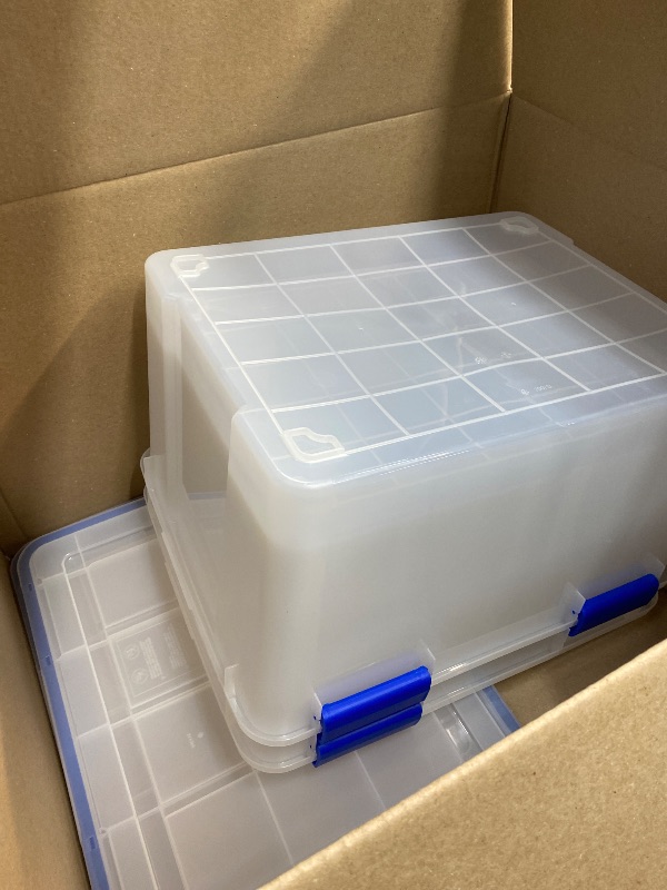 Photo 1 of ***DAMAGE -ONE LATCH * MISSING ONE BIN -SELLING AS IS***  IRIS USA WeatherPro 44 Qt Storage Bins with Lids, 1 Pack, BPA-Free Plastic Gasket Box with Tight Latch and Seal, Stackable Nestable Tote Tub - Clear/Blue