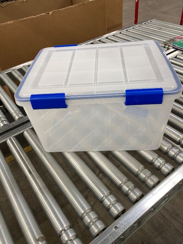 Photo 1 of ***DAMAGE -ONE LATCH * MISSING ONE BIN -SELLING AS IS***  IRIS USA WeatherPro 44 Qt Storage Bins with Lids, 1 Pack, BPA-Free Plastic Gasket Box with Tight Latch and Seal, Stackable Nestable Tote Tub - Clear/Blue
