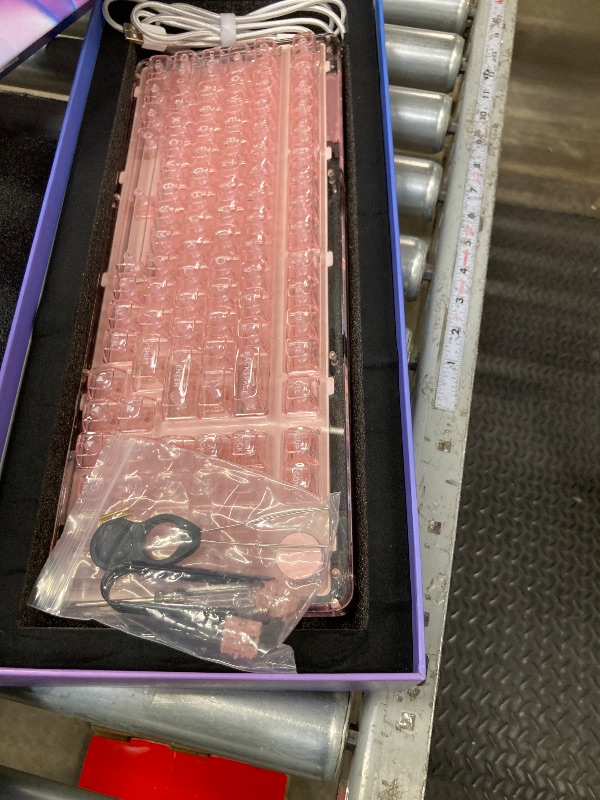 Photo 1 of ***Missing rubber foot***KiiBoom Phantom 98 Crystal Mechanical Gaming Keyboard, Transparent Keyboard with RGB Backlits, Hot-Swappable, Shine Through Clear Keycaps, 3 Modes Wireless, 8000mAh Battery, NKRO for Win/Mac (Pink)***Missing rubber foot***
