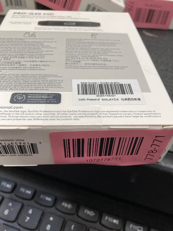 Photo 1 of ***Factory seal, NO RETURNS NO REFUNDS IF OPENED ***

SanDisk Professional 2TB PRO-G40 SSD - Up to 2700MB/s, Thunderbolt 3 (40Gbps), USB-C (10Gbps), IP68 dust/Water Resistance, External Solid State Drive - SDPS31H-002T-GBCND