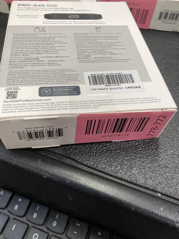 Photo 1 of ***Factory seal***
SanDisk Professional 2TB PRO-G40 SSD - Up to 2700MB/s, Thunderbolt 3 (40Gbps), USB-C (10Gbps), IP68 dust/Water Resistance, External Solid State Drive - SDPS31H-002T-GBCND