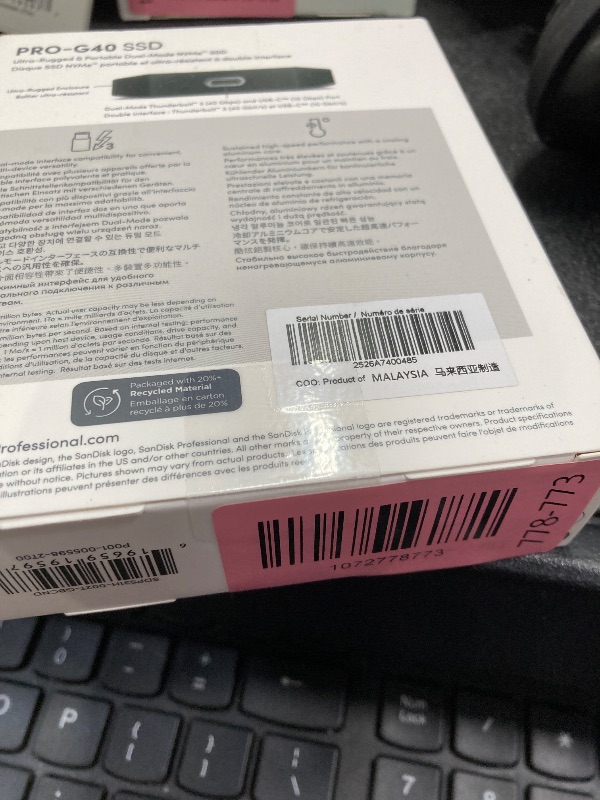 Photo 1 of ***Factory seal***
SanDisk Professional 2TB PRO-G40 SSD - Up to 2700MB/s, Thunderbolt 3 (40Gbps), USB-C (10Gbps), IP68 dust/Water Resistance, External Solid State Drive - SDPS31H-002T-GBCND