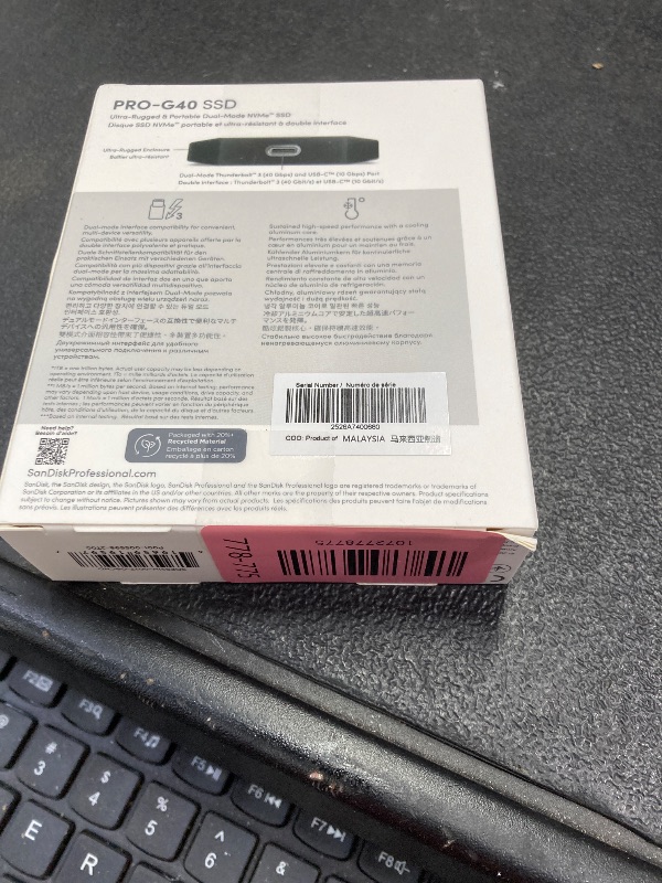 Photo 1 of ***Factory seal***
SanDisk Professional 2TB PRO-G40 SSD - Up to 2700MB/s, Thunderbolt 3 (40Gbps), USB-C (10Gbps), IP68 dust/Water Resistance, External Solid State Drive - SDPS31H-002T-GBCND