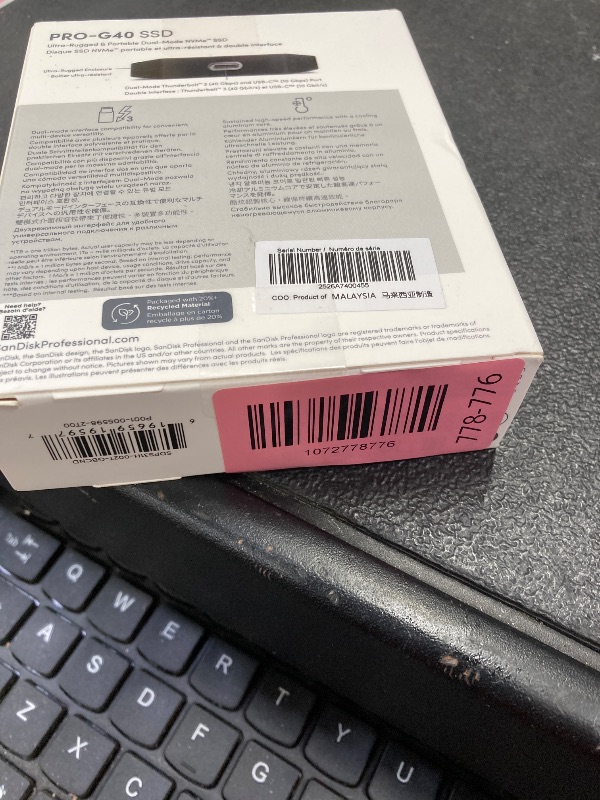 Photo 1 of ***Factory seal***
SanDisk Professional 2TB PRO-G40 SSD - Up to 2700MB/s, Thunderbolt 3 (40Gbps), USB-C (10Gbps), IP68 dust/Water Resistance, External Solid State Drive - SDPS31H-002T-GBCND