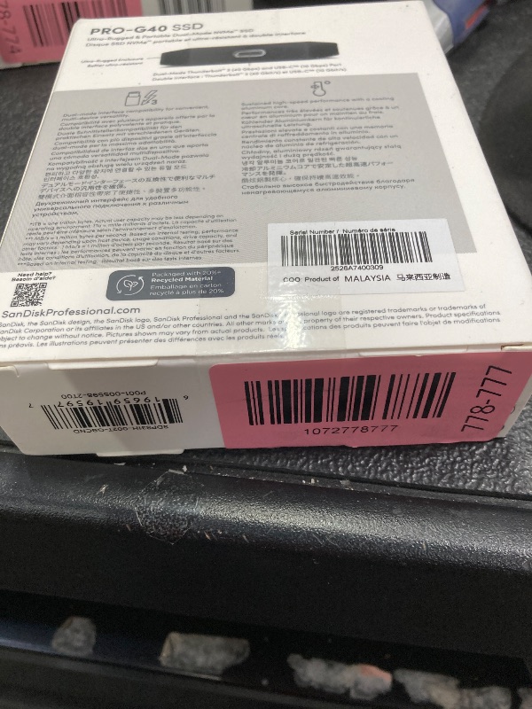 Photo 1 of ***Factory seal***
SanDisk Professional 2TB PRO-G40 SSD - Up to 2700MB/s, Thunderbolt 3 (40Gbps), USB-C (10Gbps), IP68 dust/Water Resistance, External Solid State Drive - SDPS31H-002T-GBCND