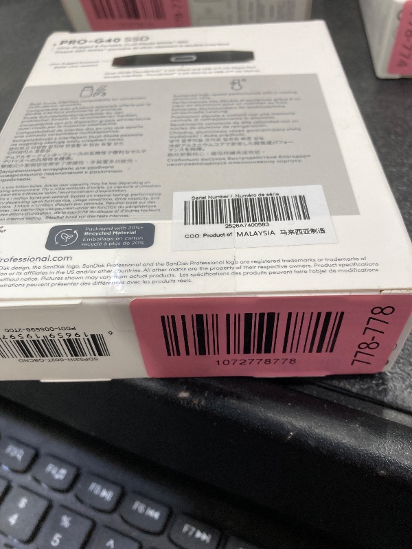 Photo 1 of ***Factory seal***
SanDisk Professional 2TB PRO-G40 SSD - Up to 2700MB/s, Thunderbolt 3 (40Gbps), USB-C (10Gbps), IP68 dust/Water Resistance, External Solid State Drive - SDPS31H-002T-GBCND