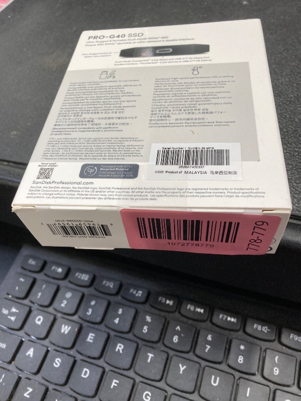Photo 1 of ***Factory seal***
SanDisk Professional 2TB PRO-G40 SSD - Up to 2700MB/s, Thunderbolt 3 (40Gbps), USB-C (10Gbps), IP68 dust/Water Resistance, External Solid State Drive - SDPS31H-002T-GBCND