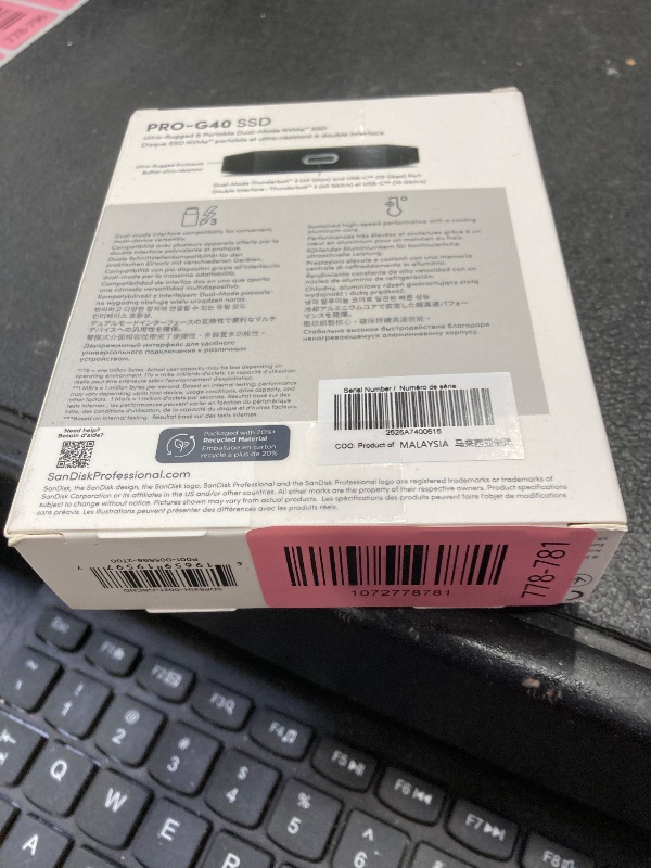 Photo 1 of ***Factory seal***
SanDisk Professional 2TB PRO-G40 SSD - Up to 2700MB/s, Thunderbolt 3 (40Gbps), USB-C (10Gbps), IP68 dust/Water Resistance, External Solid State Drive - SDPS31H-002T-GBCND