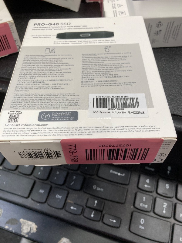 Photo 1 of ***Factory seal***
SanDisk Professional 2TB PRO-G40 SSD - Up to 2700MB/s, Thunderbolt 3 (40Gbps), USB-C (10Gbps), IP68 dust/Water Resistance, External Solid State Drive - SDPS31H-002T-GBCND