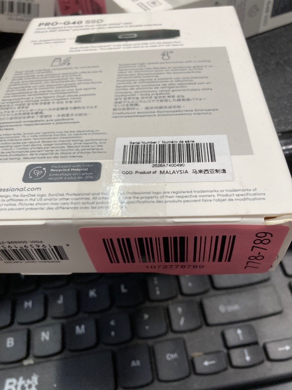 Photo 1 of ***Factory seal***
SanDisk Professional 2TB PRO-G40 SSD - Up to 2700MB/s, Thunderbolt 3 (40Gbps), USB-C (10Gbps), IP68 dust/Water Resistance, External Solid State Drive - SDPS31H-002T-GBCND