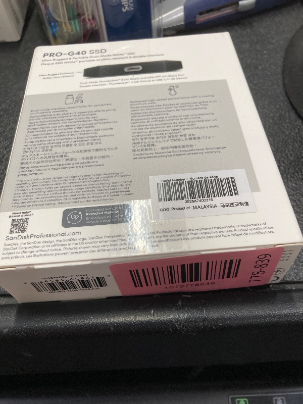 Photo 1 of ***Factory seal***
SanDisk Professional 2TB PRO-G40 SSD - Up to 2700MB/s, Thunderbolt 3 (40Gbps), USB-C (10Gbps), IP68 dust/Water Resistance, External Solid State Drive - SDPS31H-002T-GBCND