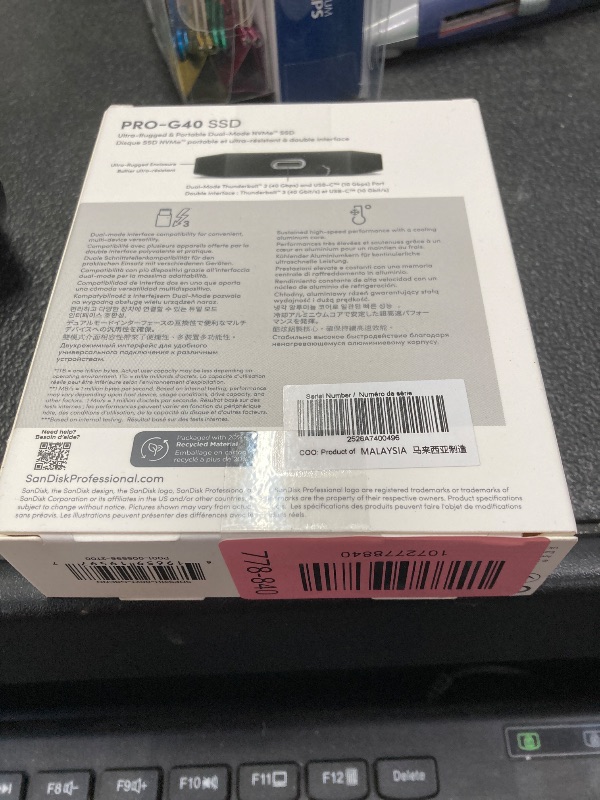 Photo 1 of ***Factory seal***
SanDisk Professional 2TB PRO-G40 SSD - Up to 2700MB/s, Thunderbolt 3 (40Gbps), USB-C (10Gbps), IP68 dust/Water Resistance, External Solid State Drive - SDPS31H-002T-GBCND